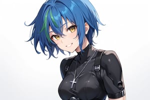 score_9, score_8_up, score_7_up, score_6_up, score_5_up,  BREAK, source_anime,1girl, xenovia, blue hair, streaked hair, hair between eyes, short hair, yellow eyes,black leotard, skin tight short sleeves, cross necklace, fingerless elbow gloves,hands behind back, smile, upper body, looking at viewer, solo, simple background, white background   