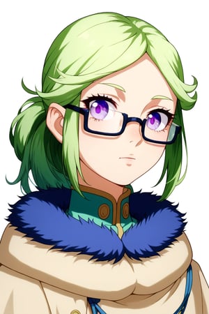 , score_9, score_8_up, score_7_up, slimes_letoile, woman, solo, glasses, purple eyes, green har,  straight on view,

,(( white background, blank background))