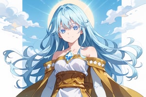 score_9, score_8_up, score_7_up, score_6_up, score_5_up, score_4_up, anime screencapBREAKelfaria_olis, 1girl, solo, light blue hair, long hair, colored eyelashes, blue eyes, chest jewel, off-shoulder dress, yellow sash, side cape, bridal gauntlets, pelvic curtain, looking at viewer, smile, closed mouth, upper bodyBREAKwind, wind lift, elfaria_olis