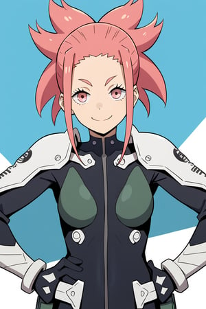 (looking at viewer, smile, closed mouth, hands on own hips),   taenakanoshima, pink hair, ponytail, pink eyes, black bodysuit, armor, black gloves, shoulder armor, 16k, masterpiece, absurdes, highly detailed, highres, high quality, best quality, score_9, score_8_up, score_7_up, score_6_up