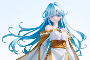 score_9, score_8_up, score_7_up, score_6_up, score_5_up, score_4_up, anime screencapBREAKelfaria_olis, 1girl, solo, light blue hair, long hair, colored eyelashes, blue eyes, chest jewel, off-shoulder dress, yellow sash, side cape, bridal gauntlets, pelvic curtain, looking at viewer, smile, closed mouth, upper bodyBREAKwind, wind lift, elfaria_olis,score_9,score_8_up,score_7_up,source_anime