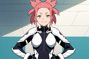 (looking at viewer, smile, closed mouth, hands on own hips),   taenakanoshima, pink hair, ponytail, pink eyes, black bodysuit, armor, black gloves, shoulder armor, 16k, masterpiece, absurdes, highly detailed, highres, high quality, best quality, score_9, score_8_up, score_7_up, score_6_up