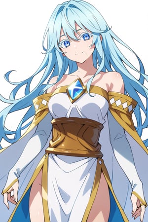 score_9, score_8_up, score_7_up, score_6_up, score_5_up, score_4_up, anime screencapBREAKelfaria_olis, 1girl, solo, light blue hair, long hair, colored eyelashes, blue eyes, chest jewel, off-shoulder dress, yellow sash, side cape, bridal gauntlets, pelvic curtain, looking at viewer, smile, closed mouth, upper bodyBREAKwind, wind lift, elfaria_olis