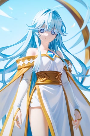 score_9, score_8_up, score_7_up, score_6_up, score_5_up, score_4_up, anime screencapBREAKelfaria_olis, 1girl, solo, light blue hair, long hair, colored eyelashes, blue eyes, chest jewel, off-shoulder dress, yellow sash, side cape, bridal gauntlets, pelvic curtain, looking at viewer, smile, closed mouth, upper bodyBREAKwind, wind lift, elfaria_olis,score_9,score_8_up,score_7_up,source_anime