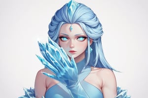 , score_9, score_8_up, score_7_up, ultra detailed,beautiful face,highres BREAK
(1girl),  Very beautiful and badass girl (pale skin, light blUE hair and eyes; bright eyes, very beautiful, ice hands), ((ICE FORM, ICE SKIN)):1,
 

 ,(( white background, blank background)):1, 