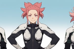 (looking at viewer, smile, closed mouth, hands on own hips),   taenakanoshima, pink hair, ponytail, pink eyes, black bodysuit, armor, black gloves, shoulder armor, 16k, masterpiece, absurdes, highly detailed, highres, high quality, best quality, score_9, score_8_up, score_7_up, score_6_up