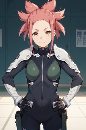 (looking at viewer, smile, closed mouth, hands on own hips),   taenakanoshima, pink hair, ponytail, pink eyes, black bodysuit, armor, black gloves, shoulder armor, 16k, masterpiece, absurdes, highly detailed, highres, high quality, best quality, score_9, score_8_up, score_7_up, score_6_up