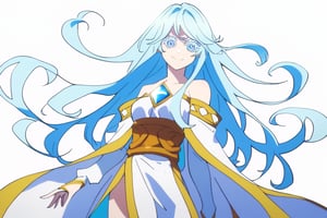 score_9, score_8_up, score_7_up, score_6_up, score_5_up, score_4_up, anime screencapBREAKelfaria_olis, 1girl, solo, light blue hair, long hair, colored eyelashes, blue eyes, chest jewel, off-shoulder dress, yellow sash, side cape, bridal gauntlets, pelvic curtain, looking at viewer, smile, closed mouth, upper bodyBREAKwind, wind lift, elfaria_olis,


,(( white background, blank background))