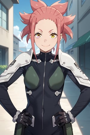 (looking at viewer, smile, closed mouth, hands on own hips),   taenakanoshima, pink hair, ponytail, pink eyes, black bodysuit, armor, black gloves, shoulder armor, 16k, masterpiece, absurdes, highly detailed, highres, high quality, best quality, score_9, score_8_up, score_7_up, score_6_up