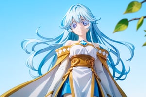 score_9, score_8_up, score_7_up, score_6_up, score_5_up, score_4_up, anime screencapBREAKelfaria_olis, 1girl, solo, light blue hair, long hair, colored eyelashes, blue eyes, chest jewel, off-shoulder dress, yellow sash, side cape, bridal gauntlets, pelvic curtain, looking at viewer, smile, closed mouth, upper bodyBREAKwind, wind lift, elfaria_olis,score_9,score_8_up,score_7_up,source_anime