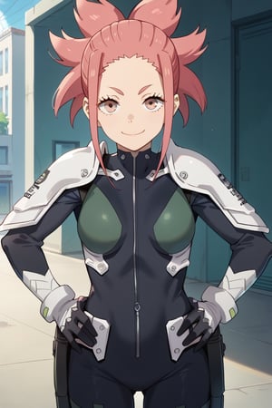 (looking at viewer, smile, closed mouth, hands on own hips),   taenakanoshima, pink hair, ponytail, pink eyes, black bodysuit, armor, black gloves, shoulder armor, 16k, masterpiece, absurdes, highly detailed, highres, high quality, best quality, score_9, score_8_up, score_7_up, score_6_up