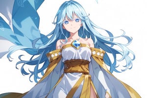 score_9, score_8_up, score_7_up, score_6_up, score_5_up, score_4_up, anime screencapBREAKelfaria_olis, 1girl, solo, light blue hair, long hair, colored eyelashes, blue eyes, chest jewel, off-shoulder dress, yellow sash, side cape, bridal gauntlets, pelvic curtain, looking at viewer, smile, closed mouth, upper bodyBREAKwind, wind lift, elfaria_olis