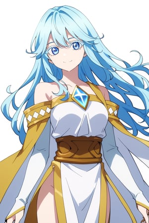 score_9, score_8_up, score_7_up, score_6_up, score_5_up, score_4_up, anime screencapBREAKelfaria_olis, 1girl, solo, light blue hair, long hair, colored eyelashes, blue eyes, chest jewel, off-shoulder dress, yellow sash, side cape, bridal gauntlets, pelvic curtain, looking at viewer, smile, closed mouth, upper bodyBREAKwind, wind lift, elfaria_olis,


,(( white background, blank background))