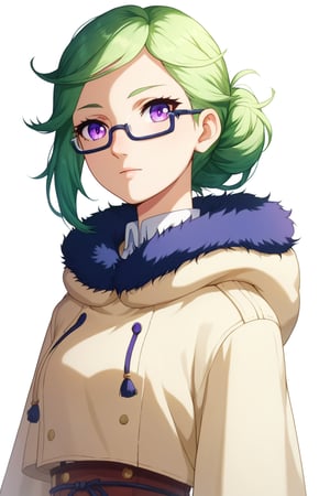 , score_9, score_8_up, score_7_up, slimes_letoile, woman, solo, glasses, purple eyes, green har,  straight on view,

,(( white background, blank background))