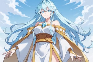 score_9, score_8_up, score_7_up, score_6_up, score_5_up, score_4_up, anime screencapBREAKelfaria_olis, 1girl, solo, light blue hair, long hair, colored eyelashes, blue eyes, chest jewel, off-shoulder dress, yellow sash, side cape, bridal gauntlets, pelvic curtain, looking at viewer, smile, closed mouth, upper bodyBREAKwind, wind lift, elfaria_olis