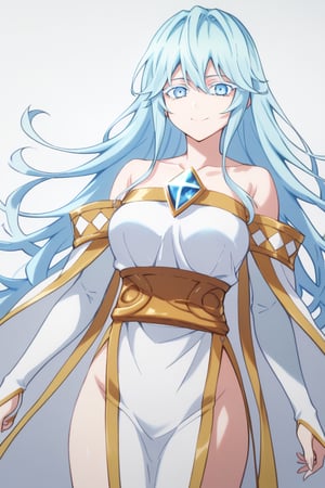 score_9, score_8_up, score_7_up, score_6_up, score_5_up, score_4_up, anime screencapBREAKelfaria_olis, 1girl, solo, light blue hair, long hair, colored eyelashes, blue eyes, chest jewel, off-shoulder dress, yellow sash, side cape, bridal gauntlets, pelvic curtain, looking at viewer, smile, closed mouth, upper bodyBREAKwind, wind lift, elfaria_olis