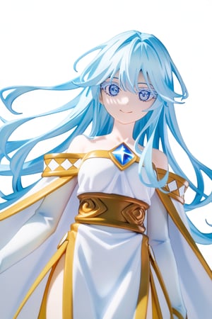 score_9, score_8_up, score_7_up, score_6_up, score_5_up, score_4_up, anime screencapBREAKelfaria_olis, 1girl, solo, light blue hair, long hair, colored eyelashes, blue eyes, chest jewel, off-shoulder dress, yellow sash, side cape, bridal gauntlets, pelvic curtain, looking at viewer, smile, closed mouth, upper bodyBREAKwind, wind lift, elfaria_olis,


,(( white background, blank background))