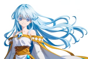 score_9, score_8_up, score_7_up, score_6_up, score_5_up, score_4_up, anime screencapBREAKelfaria_olis, 1girl, solo, light blue hair, long hair, colored eyelashes, blue eyes, chest jewel, off-shoulder dress, yellow sash, side cape, bridal gauntlets, pelvic curtain, looking at viewer, smile, closed mouth, upper bodyBREAKwind, wind lift, elfaria_olis,


,(( white background, blank background))