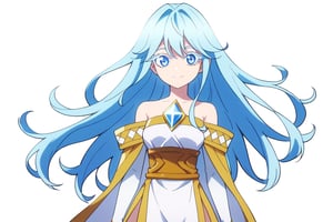 score_9, score_8_up, score_7_up, score_6_up, score_5_up, score_4_up, anime screencapBREAKelfaria_olis, 1girl, solo, light blue hair, long hair, colored eyelashes, blue eyes, chest jewel, off-shoulder dress, yellow sash, side cape, bridal gauntlets, pelvic curtain, looking at viewer, smile, closed mouth, upper bodyBREAKwind, wind lift, elfaria_olis,


,(( white background, blank background))