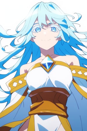 score_9, score_8_up, score_7_up, score_6_up, score_5_up, score_4_up, anime screencapBREAKelfaria_olis, 1girl, solo, light blue hair, long hair, colored eyelashes, blue eyes, chest jewel, off-shoulder dress, yellow sash, side cape, bridal gauntlets, pelvic curtain, looking at viewer, smile, closed mouth, upper bodyBREAKwind, wind lift, elfaria_olis,


,(( white background, blank background))