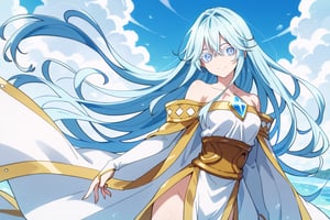 score_9, score_8_up, score_7_up, score_6_up, score_5_up, score_4_up, anime screencapBREAKelfaria_olis, 1girl, solo, light blue hair, long hair, colored eyelashes, blue eyes, chest jewel, off-shoulder dress, yellow sash, side cape, bridal gauntlets, pelvic curtain, looking at viewer, smile, closed mouth, upper bodyBREAKwind, wind lift, elfaria_olis