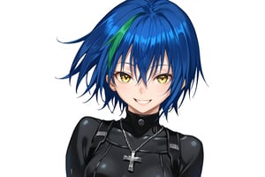 score_9, score_8_up, score_7_up, score_6_up, score_5_up,  BREAK, source_anime,1girl, xenovia, blue hair, streaked hair, hair between eyes, short hair, yellow eyes,black leotard, skin tight short sleeves, cross necklace, fingerless elbow gloves,hands behind back, smile, upper body, looking at viewer, solo, simple background, white background   