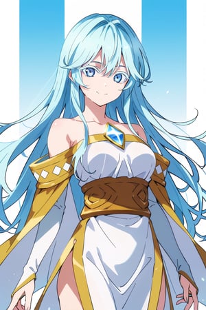 score_9, score_8_up, score_7_up, score_6_up, score_5_up, score_4_up, anime screencapBREAKelfaria_olis, 1girl, solo, light blue hair, long hair, colored eyelashes, blue eyes, chest jewel, off-shoulder dress, yellow sash, side cape, bridal gauntlets, pelvic curtain, looking at viewer, smile, closed mouth, upper bodyBREAKwind, wind lift, elfaria_olis