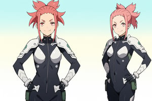 (looking at viewer, smile, closed mouth, hands on own hips),   taenakanoshima, pink hair, ponytail, pink eyes, black bodysuit, armor, black gloves, shoulder armor, 16k, masterpiece, absurdes, highly detailed, highres, high quality, best quality, score_9, score_8_up, score_7_up, score_6_up