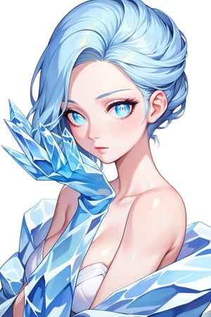 , score_9, score_8_up, score_7_up, ultra detailed,beautiful face,highres BREAK
(1girl),  Very beautiful and badass girl (pale skin, light blUE hair and eyes; bright eyes, very beautiful, ice hands), ((ICE FORM, ICE SKIN)):1,
 

 ,(( white background, blank background)):1, 