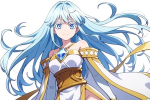 score_9, score_8_up, score_7_up, score_6_up, score_5_up, score_4_up, anime screencapBREAKelfaria_olis, 1girl, solo, light blue hair, long hair, colored eyelashes, blue eyes, chest jewel, off-shoulder dress, yellow sash, side cape, bridal gauntlets, pelvic curtain, looking at viewer, smile, closed mouth, upper bodyBREAKwind, wind lift, elfaria_olis