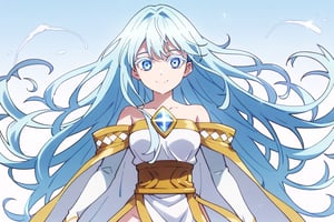 score_9, score_8_up, score_7_up, score_6_up, score_5_up, score_4_up, anime screencapBREAKelfaria_olis, 1girl, solo, light blue hair, long hair, colored eyelashes, blue eyes, chest jewel, off-shoulder dress, yellow sash, side cape, bridal gauntlets, pelvic curtain, looking at viewer, smile, closed mouth, upper bodyBREAKwind, wind lift, elfaria_olis