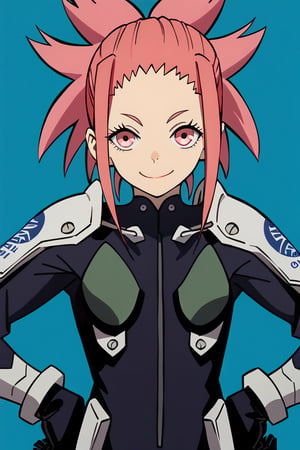 (looking at viewer, smile, closed mouth, hands on own hips),   taenakanoshima, pink hair, ponytail, pink eyes, black bodysuit, armor, black gloves, shoulder armor, 16k, masterpiece, absurdes, highly detailed, highres, high quality, best quality, score_9, score_8_up, score_7_up, score_6_up