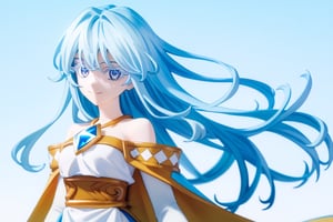 score_9, score_8_up, score_7_up, score_6_up, score_5_up, score_4_up, anime screencapBREAKelfaria_olis, 1girl, solo, light blue hair, long hair, colored eyelashes, blue eyes, chest jewel, off-shoulder dress, yellow sash, side cape, bridal gauntlets, pelvic curtain, looking at viewer, smile, closed mouth, upper bodyBREAKwind, wind lift, elfaria_olis,score_9,score_8_up,score_7_up,source_anime