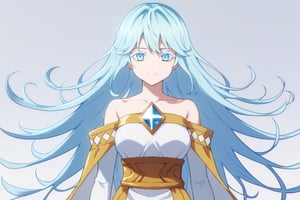 score_9, score_8_up, score_7_up, score_6_up, score_5_up, score_4_up, anime screencapBREAKelfaria_olis, 1girl, solo, light blue hair, long hair, colored eyelashes, blue eyes, chest jewel, off-shoulder dress, yellow sash, side cape, bridal gauntlets, pelvic curtain, looking at viewer, smile, closed mouth, upper bodyBREAKwind, wind lift, elfaria_olis