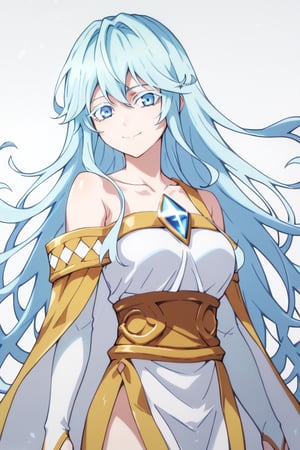 score_9, score_8_up, score_7_up, score_6_up, score_5_up, score_4_up, anime screencapBREAKelfaria_olis, 1girl, solo, light blue hair, long hair, colored eyelashes, blue eyes, chest jewel, off-shoulder dress, yellow sash, side cape, bridal gauntlets, pelvic curtain, looking at viewer, smile, closed mouth, upper bodyBREAKwind, wind lift, elfaria_olis