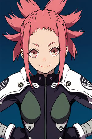 (looking at viewer, smile, closed mouth, hands on own hips),   taenakanoshima, pink hair, ponytail, pink eyes, black bodysuit, armor, black gloves, shoulder armor, 16k, masterpiece, absurdes, highly detailed, highres, high quality, best quality, score_9, score_8_up, score_7_up, score_6_up