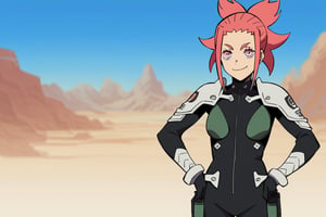 (looking at viewer, smile, closed mouth, hands on own hips),   taenakanoshima, pink hair, ponytail, pink eyes, black bodysuit, armor, black gloves, shoulder armor, 16k, masterpiece, absurdes, highly detailed, highres, high quality, best quality, score_9, score_8_up, score_7_up, score_6_up