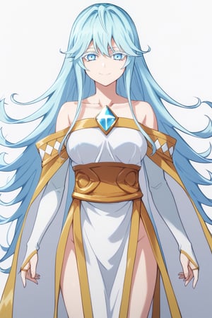 score_9, score_8_up, score_7_up, score_6_up, score_5_up, score_4_up, anime screencapBREAKelfaria_olis, 1girl, solo, light blue hair, long hair, colored eyelashes, blue eyes, chest jewel, off-shoulder dress, yellow sash, side cape, bridal gauntlets, pelvic curtain, looking at viewer, smile, closed mouth, upper bodyBREAKwind, wind lift, elfaria_olis