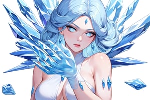 , score_9, score_8_up, score_7_up, ultra detailed,beautiful face,highres BREAK
(1girl),  Very beautiful and badass girl (pale skin, light blUE hair and eyes; bright eyes, very beautiful, ice hands), ((ICE FORM, ICE SKIN)):1,
 

 ,(( white background, blank background)):1, 