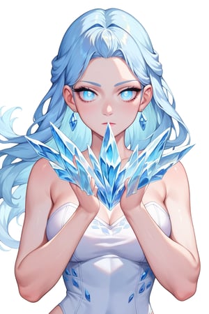 , score_9, score_8_up, score_7_up, ultra detailed,beautiful face,highres BREAK
(1girl),  Very beautiful and badass girl (pale skin, light blUE hair and eyes; bright eyes, very beautiful, ice hands), ((ICE FORM, ICE SKIN)):1,
 

 ,(( white background, blank background)):1, 