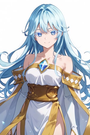 score_9, score_8_up, score_7_up, score_6_up, score_5_up, score_4_up, anime screencapBREAKelfaria_olis, 1girl, solo, light blue hair, long hair, colored eyelashes, blue eyes, chest jewel, off-shoulder dress, yellow sash, side cape, bridal gauntlets, pelvic curtain, looking at viewer, smile, closed mouth, upper bodyBREAKwind, wind lift, elfaria_olis