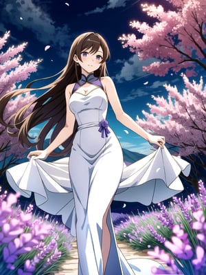 Anime style image with bright lighting, featuring a lavender field. Hourglass shape body,A Taiwanese girl with long brown hair is wearing a white long dress, standing gracefully among the blooming lavender flowers