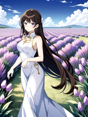 Anime style image with bright lighting, featuring a lavender field. Hourglass shape body,A Taiwanese girl with long brown hair is wearing a white long dress, standing gracefully among the blooming lavender flowers