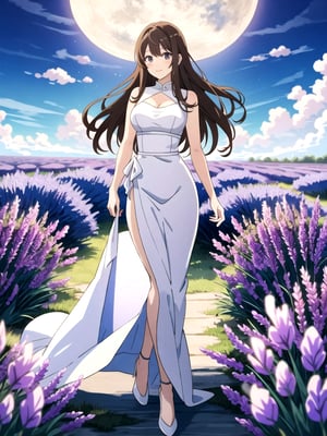 Anime style image with bright lighting, featuring a lavender field. Hourglass shape body,A Taiwanese girl with long brown hair is wearing a white long dress, standing gracefully among the blooming lavender flowers