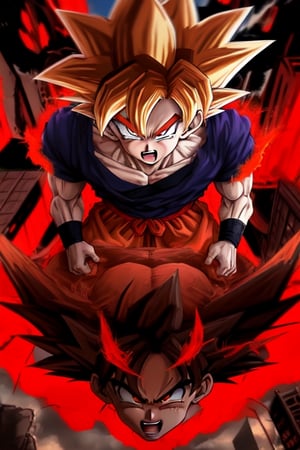 Goku become a demon have Wing and black and red ora and red and black clothes and hair in a destroy city
