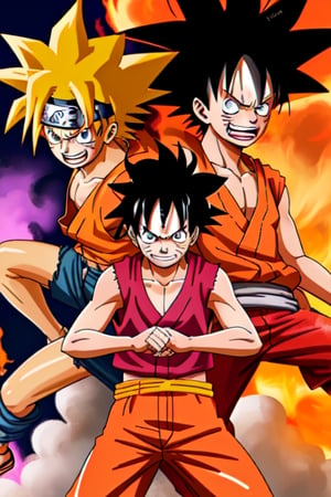 Luffy, Naruto and Goku with there power full forms combine in to one 
