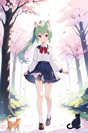 ((masterpiece)), ((best quality)), (ultra-detailed), ((kawaii)), cute, (lovely), anime style, full body, colorful, full body focus, cherry blossom tree, forest, morning, a cute girl, 1girl, solo, school uniform, beautiful green hair, beautiful red eyes, ((beautiful eyes)), white-skinned, ponytail, cat ears, flat breast, tiny breast, slim, slender, bowtie, earrings, light smile