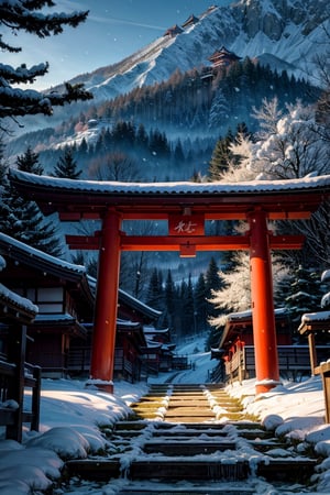 landscape, japan traditional style, dawn, dim light, detail, realistic, ((masterpiece)), snow on tree, torii, wooden house, forest, maple_leaves, falling_snow, 