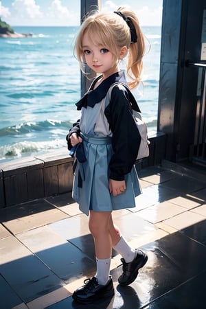 ((masterpiece)), ((best quality)), (ultra-detailed), ((anime style)), full body, ocean, morning, (a little girl), child, solo, school uniform, beautiful blond hair, beautiful black eyes, (beautiful eyes), white-skinned, ponytail, light smile, shiny