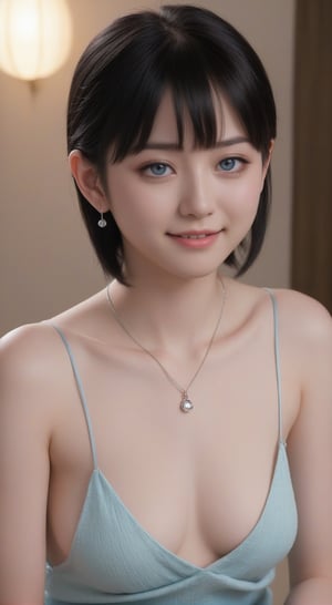 JAV,  photorealistic,  masterpiece,  solo,  facing viewer,  soft lighting,  sexy pose,  professional lighting,  18 year old,  japanese idol,  innocent face,  blue eyes,  black platinum hair,  shy smile,  pure face,  cute,  pale skin,  slim,  narrow waist,  naked,  nude,  shiny skin,  necklace,  earrings,  jewelry. full body,  hairy pussy,  hard nipple,  hot_spring.